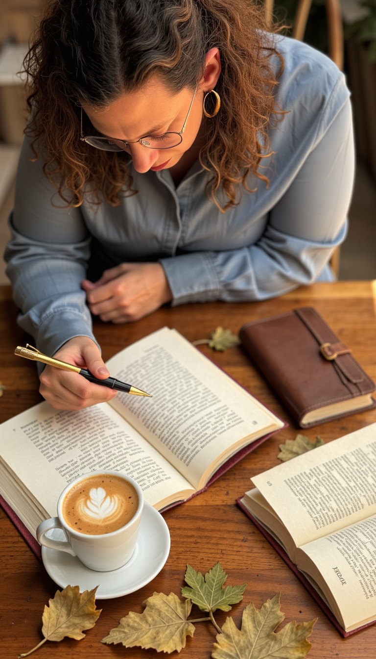 Kari Wain escribiendo en un café — flatlay con libros, cuaderno y café